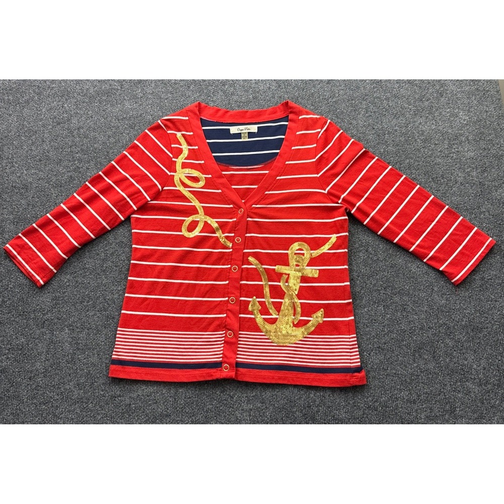 Coastal Sailor Cardigan Womens PL Red White Striped Gold Sequin Anchor Glam